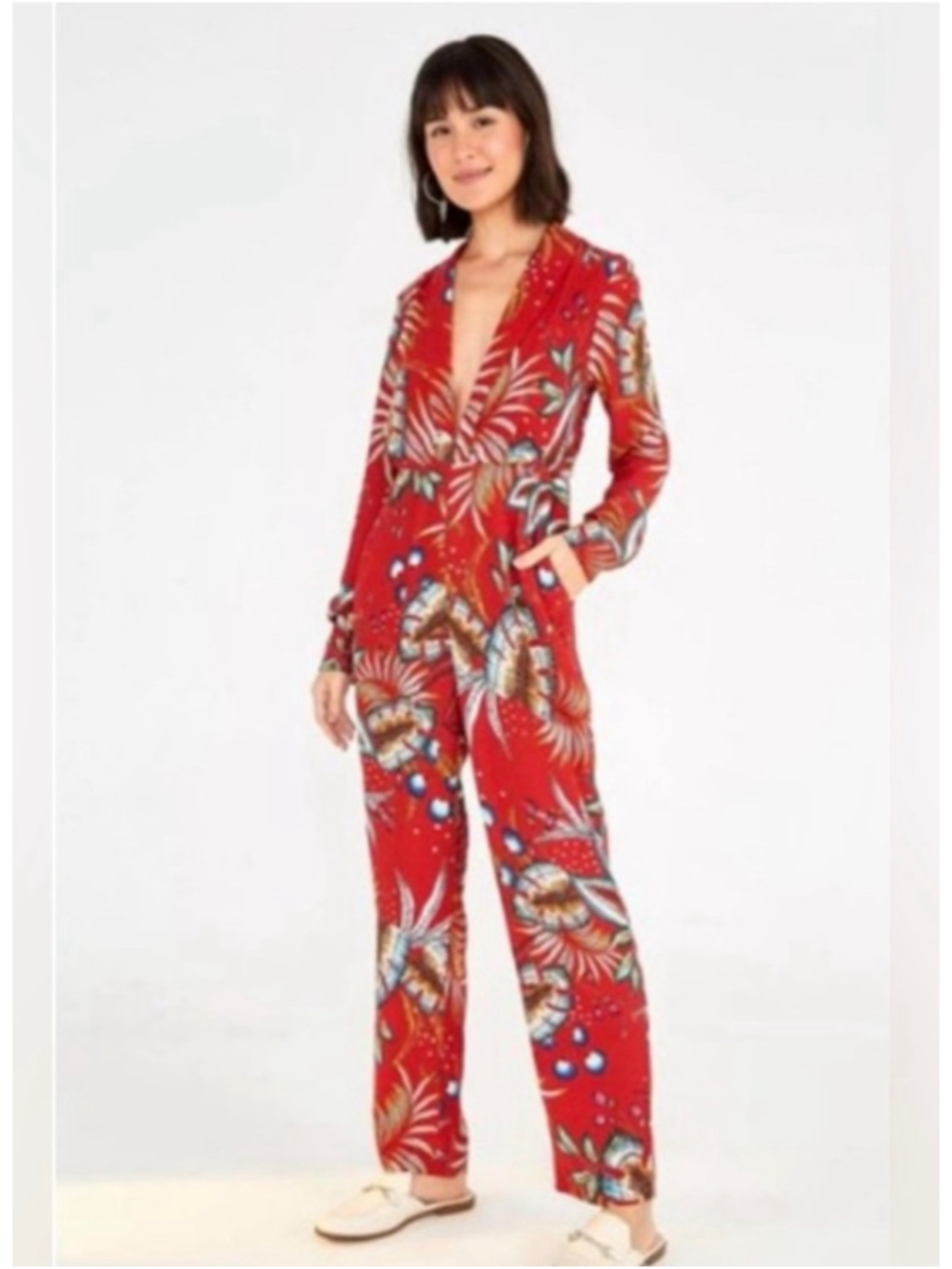 NWT FARM Rio Folhagem De Inverno Y Neckline Boboikat Jumpsuit Red Multi Size L - Picture 1 of 16